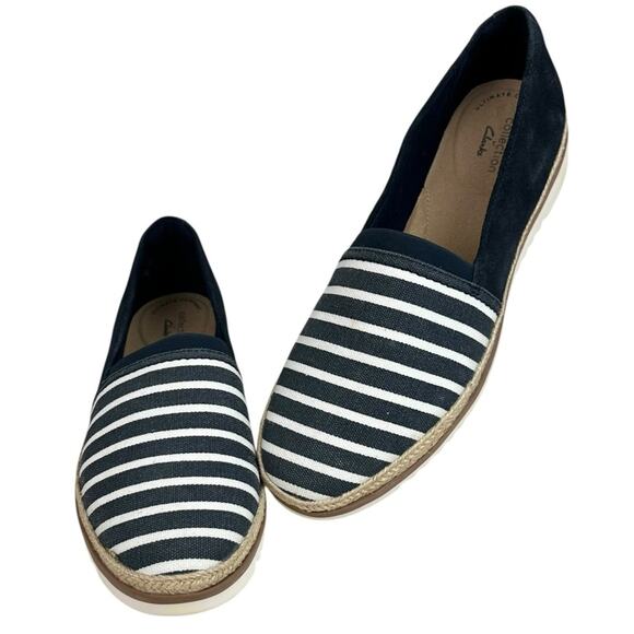 Clarks Serena Paige Loafer Flat Striped Navy Marine Size 10 - Picture 1 of 10